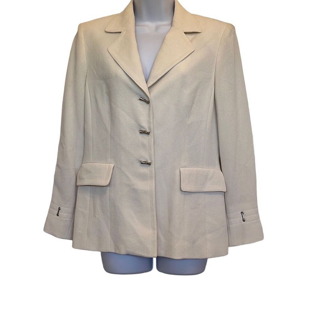 Kasper 8P Petite Cream 3 Button Silver Accent Work Office Blazer Jacket Seamed